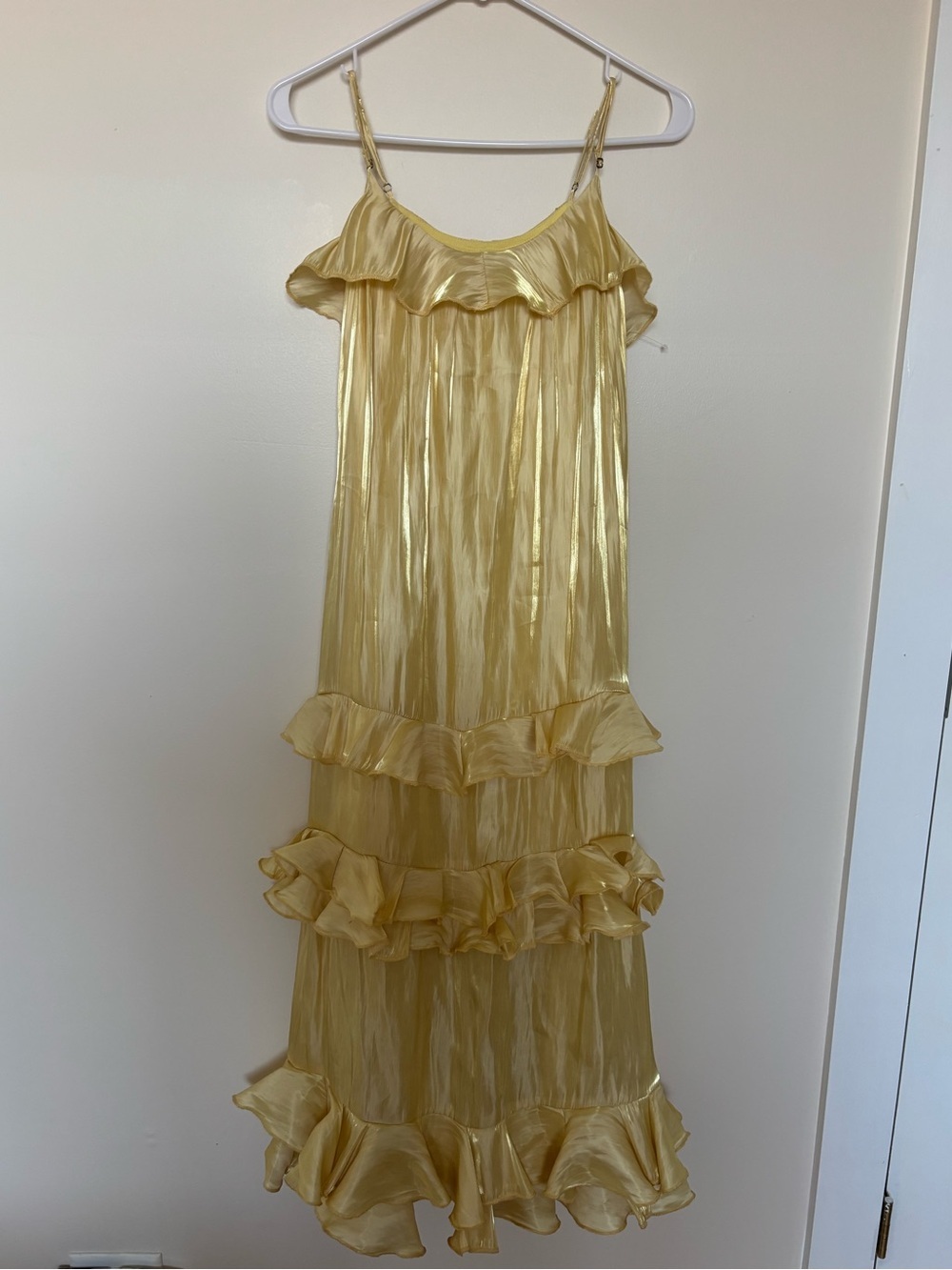 Women Shiny Yellow Ruffle Tiered Dress